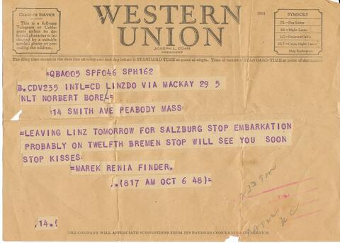 Telegram to Norbert Borell from Western Union 