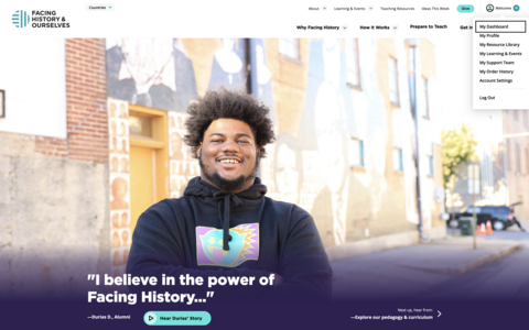 Homepage of Facing History and Ourselves with "My Dashboard" highlighted.