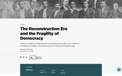 Screenshot of "The Reconstruction Era and the Fragility of Democracy" on the Facing History website with "Save" highlighted.