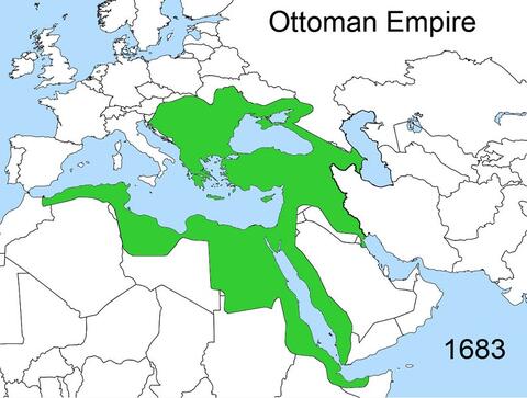 Map of Europe, Asia, and Africa, showing a small territory controlled by the Ottoman Empire in 1683.
