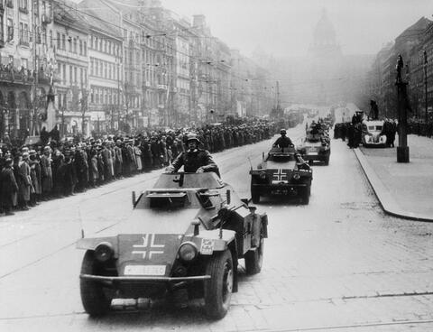 Photo of Nazi troops invading Prague during Germany's armed forces parade in 1939.