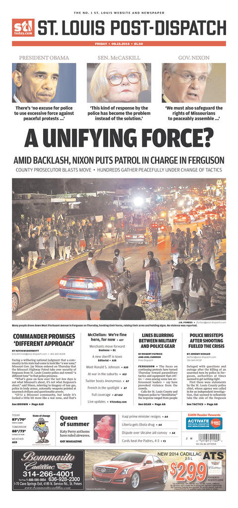 Front page of St. Louis Post-Dispatch, August 15, 2014.