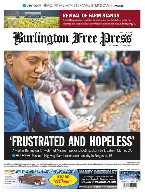 Front page of Burlington Free Press, August 15, 2014.