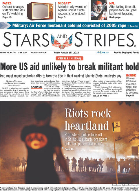 Front page of Stars And Stripes, August 15, 2014.