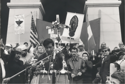  On March 17, 1966, César Chávez and approximately 100 individuals set off on a march from the town of Delano and onto Highway 99. Hundreds of supporters gathered along the way through the farmland of California’s Central Valley. Twenty-five days later, when the procession arrived in Sacramento on Easter Sunday, the crowd had increased to 10,000, making this the largest demonstration of farm workers to date in the history of California.