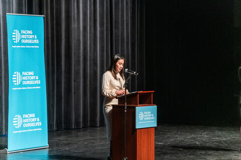 Facing History educator Hannah Nguyen speaking at the 2023 South Bay Fundraiser