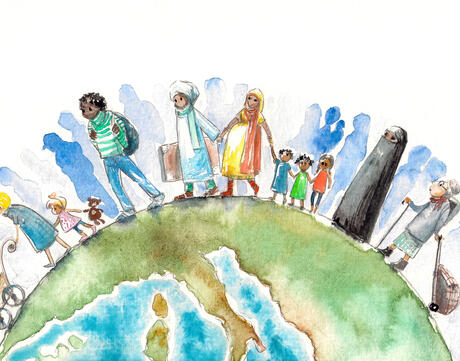 Illustration of people of different nationalities walking along the Earth.
