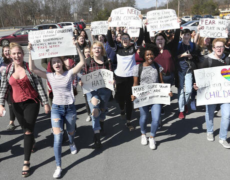 Millbrook High School students demonstrate against gun violence outside their school in Frederick County, Va., Wednesday, Feb. 21, 2018, following a school shooting in which over a dozen people were killed at Marjory Stoneman Douglas High School in Parkland, Fla., one week ago. (Jeff Taylor/The Winchester Star via AP)