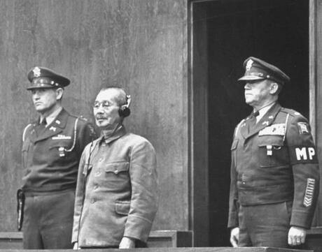Matsui Iwane stands on trial at the War Crimes court, receiving his death sentence from the court.