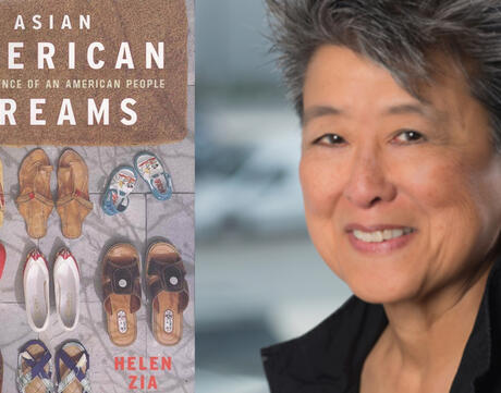 Asian American Dreams book cover beside Helen Zia headshot.
