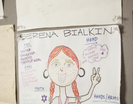A drawing of a girl with her name Serena Bialkin at the top and characteristics written around her