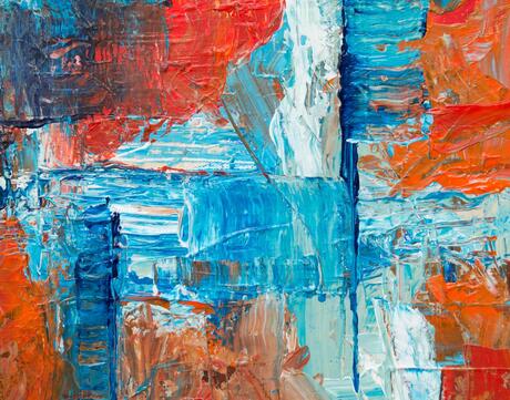 Abstract red, white, and blue painting with thick brush strokes.