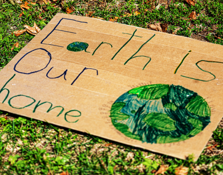 Earth is our home cardboard sign on grass.
