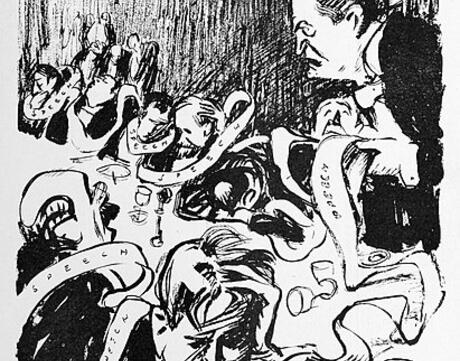 Boardman Robinson cartoon of Robert La Follette attacking newspaper press