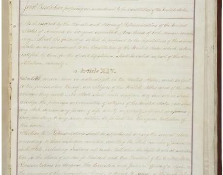 Photo of page 1 of the 14th amendment of the US Constitution
