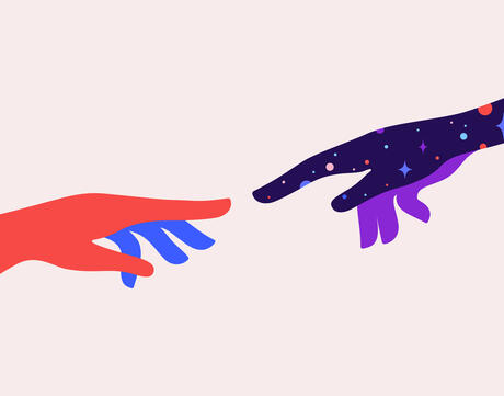 Two colorful hands reaching towards one another 